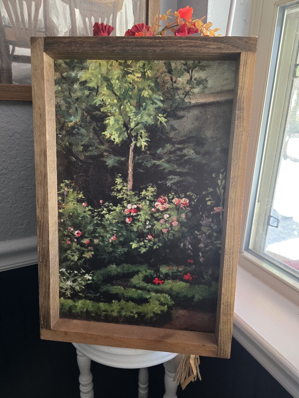 Framed Garden Bloom Canvas Wall Art - Brown Frame, Green and Pink